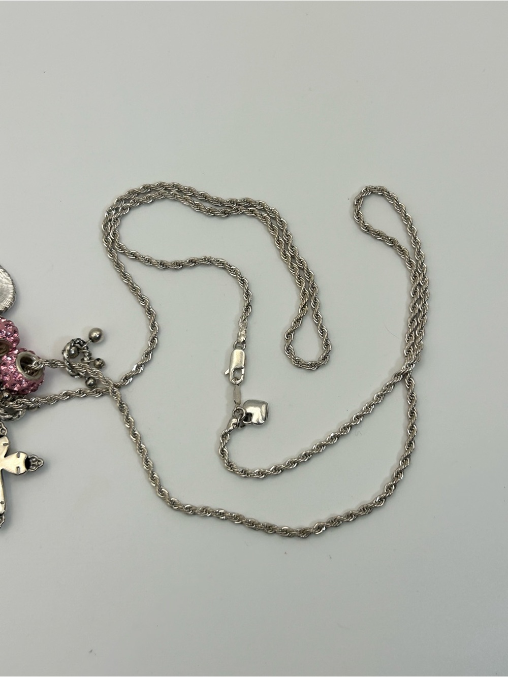 Sparkling Pink Crystals Charm Necklace Silver-tone Cross 30" Unsigned - Picture 8 of 13